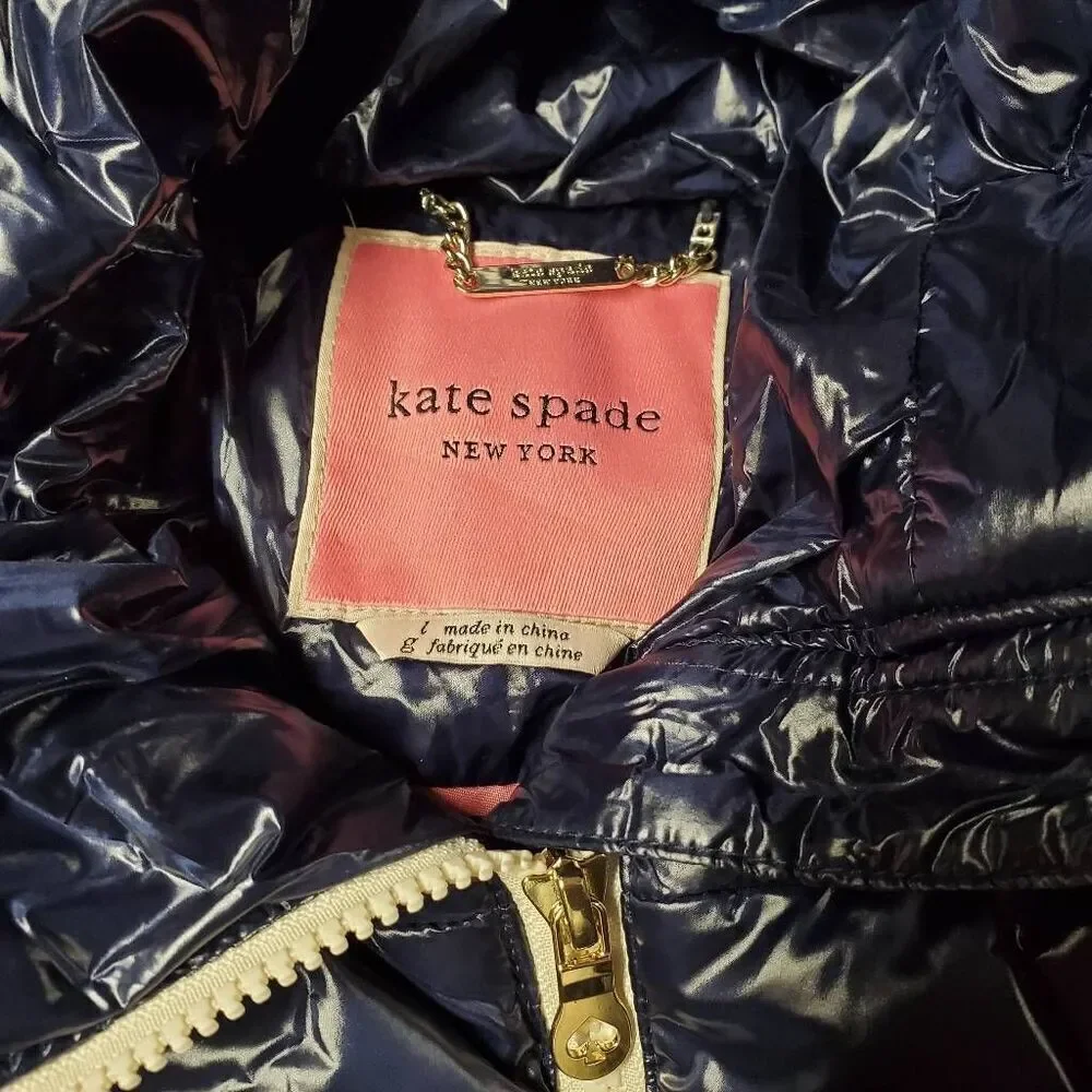 Kate Spade‎ Women's NWT Blue Metallic Hooded Zip Front Down Jacket Coat Large